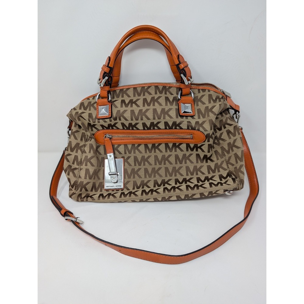 Michael Kors MK Monogram Satchel Handbag "Coated Canvas with Leather Trim"